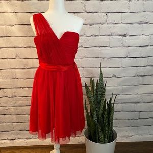 Red One Shoulder Dress with Ribbon Belt